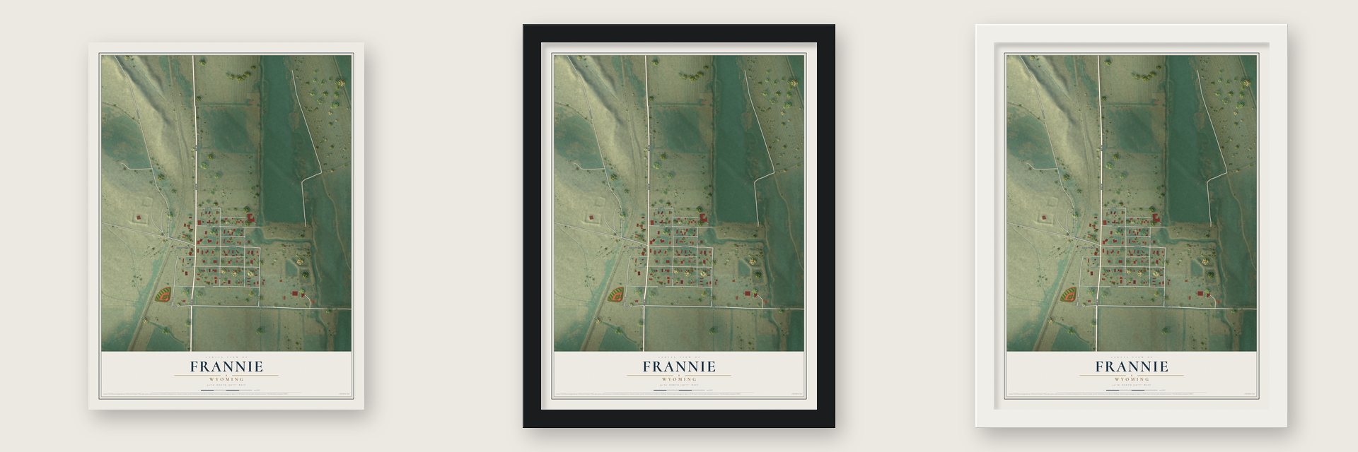 Frannie, Wyoming map unframed, in a black wood frame and in a white wood frame