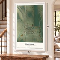 Frannie, Wyoming map, 24 x 36 inch print in a white frame by a staircase