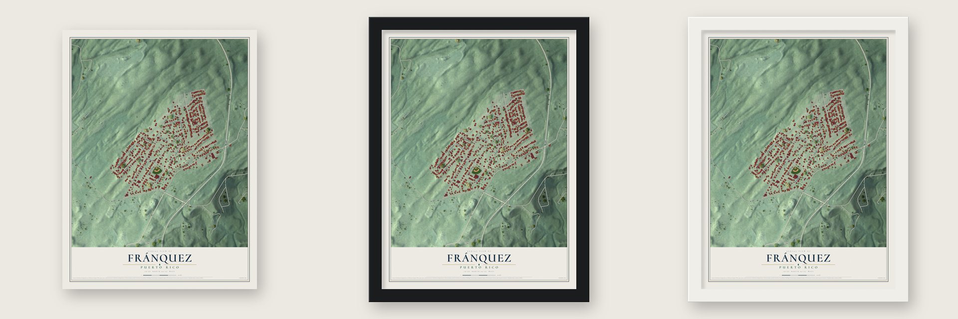 Fránquez, Puerto Rico map unframed, in a black wood frame and in a white wood frame