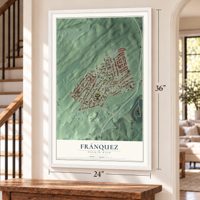 Fránquez, Puerto Rico map, 24 x 36 inch print in a white frame by a staircase
