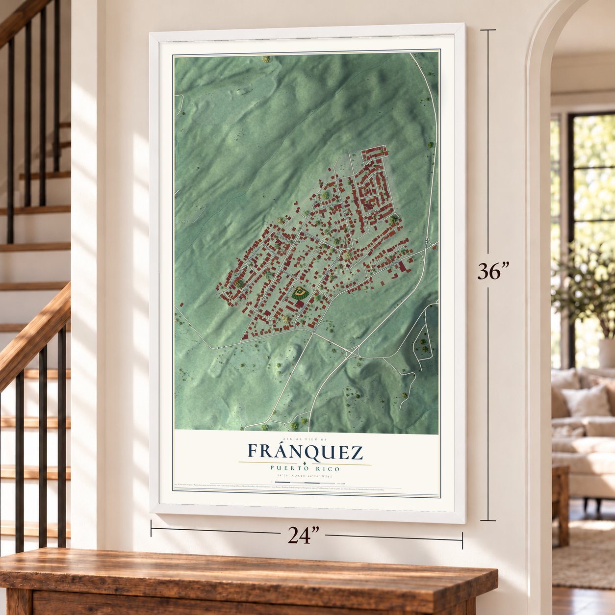 Fránquez, Puerto Rico map, 24 x 36 inch print in a white frame by a staircase