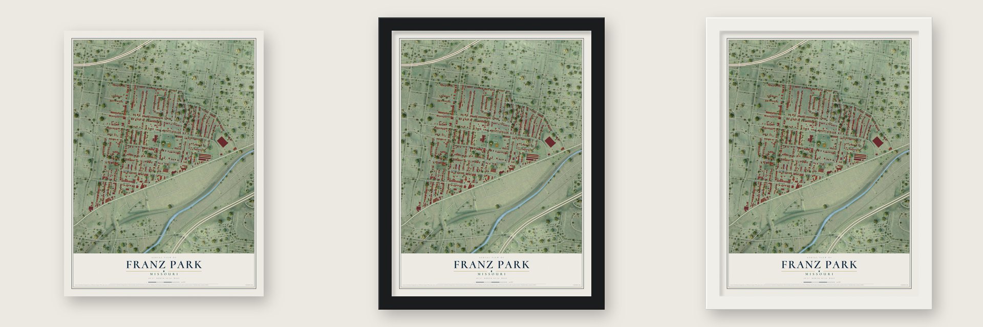 Franz Park, Missouri map unframed, in a black wood frame and in a white wood frame