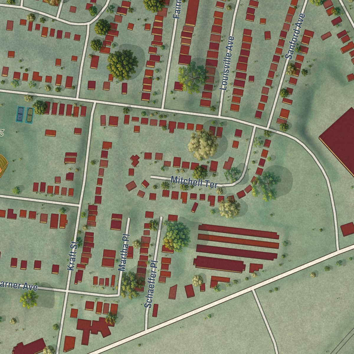 Second close-up of the map of Franz Park, Missouri print showing more streets and buildings