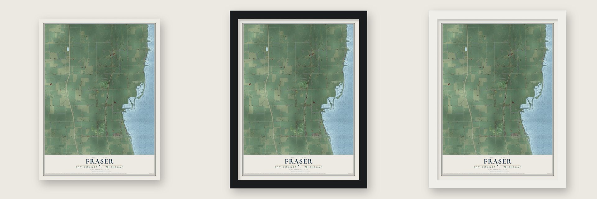 Fraser, Bay County, Michigan map unframed, in a black wood frame and in a white wood frame