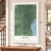 Fraser, Bay County, Michigan map, 24 x 36 inch print in a white frame by a staircase