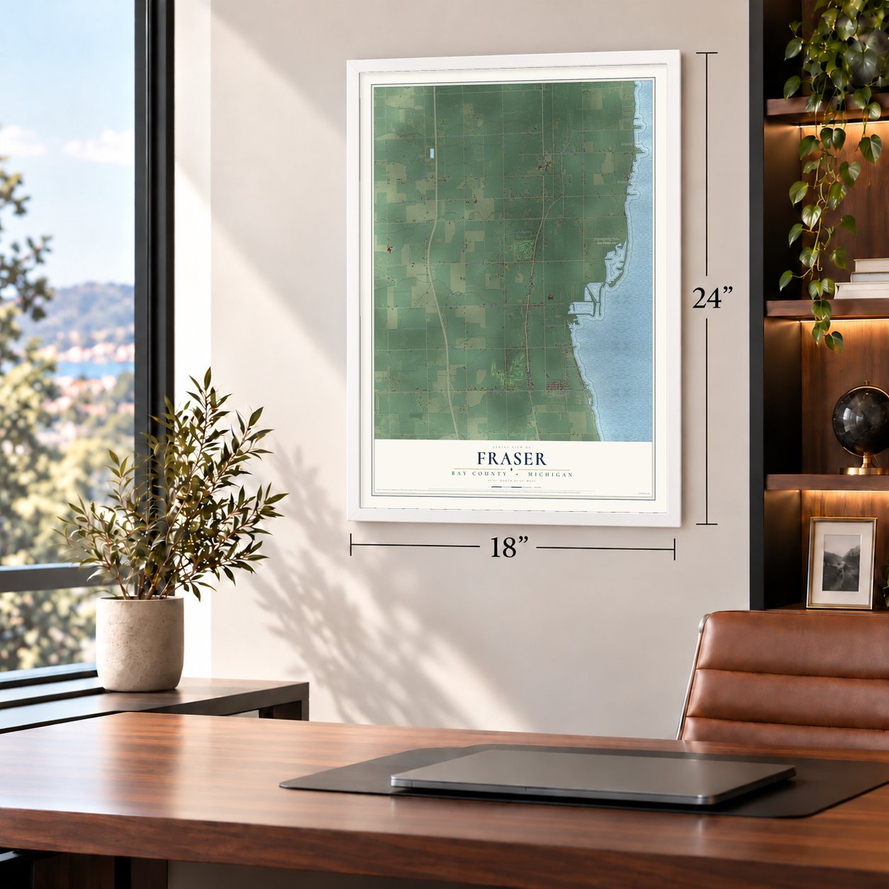 Fraser, Bay County, Michigan map, 18 x 24 inch print in a white frame in a home office