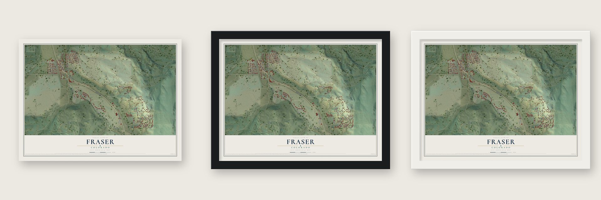 Fraser, Colorado map unframed, in a black wood frame and in a white wood frame