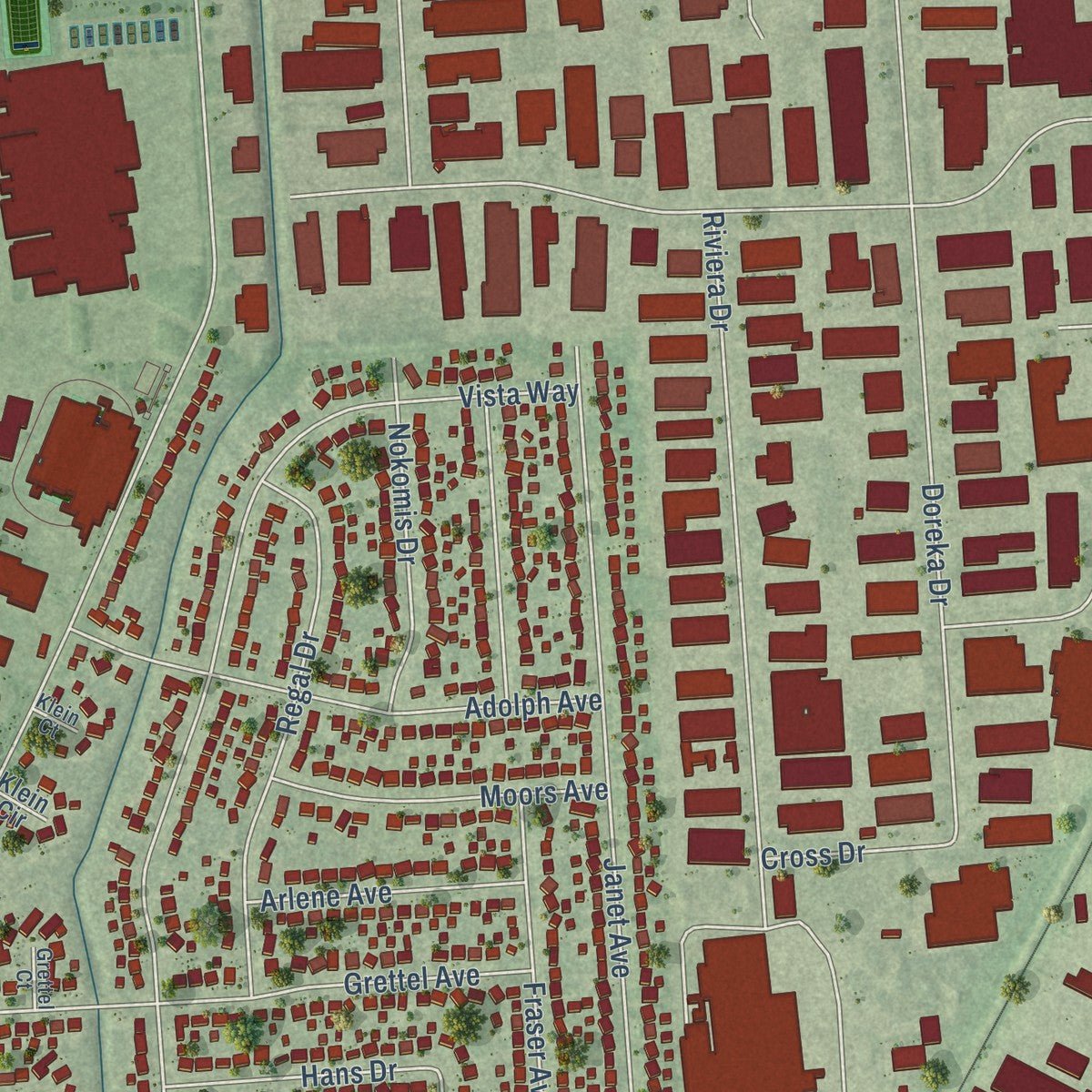 Second close-up of the map of Fraser, Macomb County, Michigan print showing more streets and buildings
