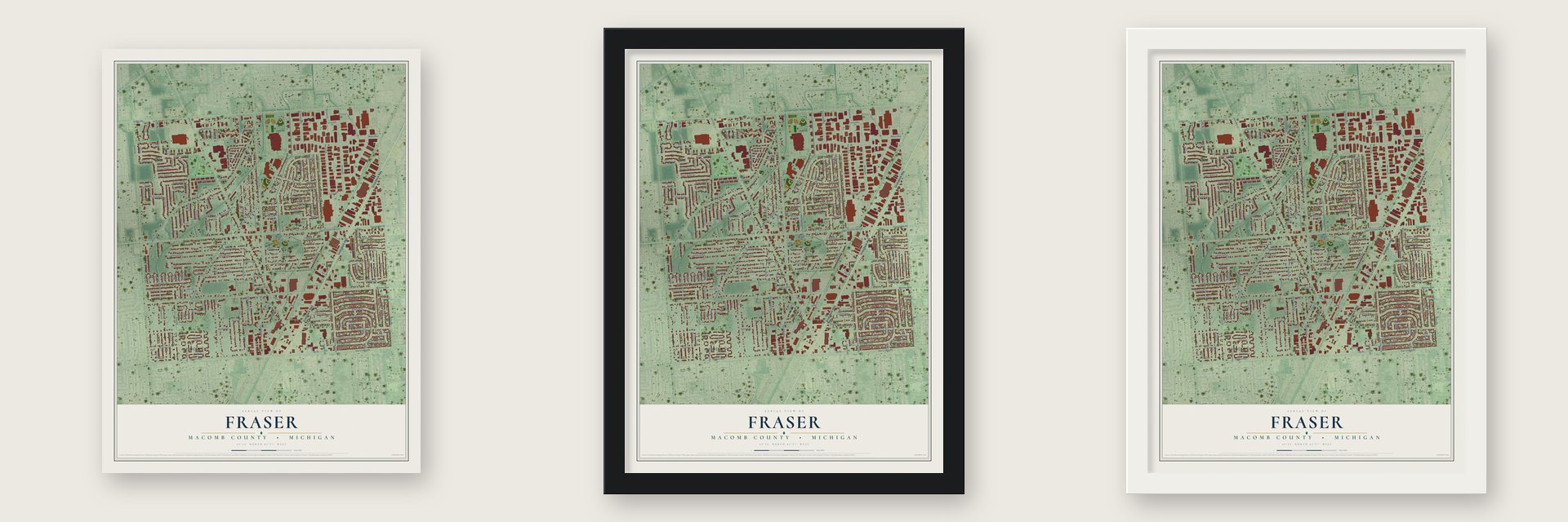 Fraser, Macomb County, Michigan map unframed, in a black wood frame and in a white wood frame