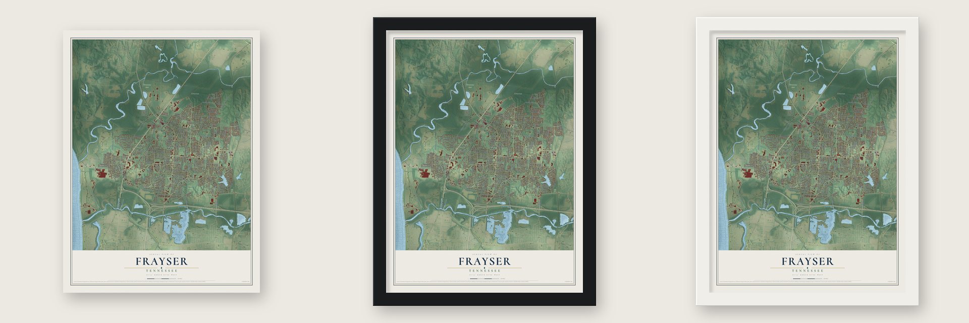 Frayser, Tennessee map unframed, in a black wood frame and in a white wood frame