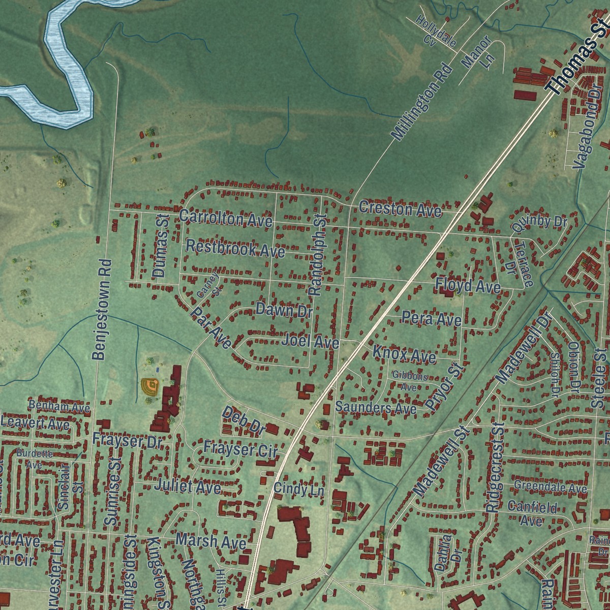 Second close-up of the map of Frayser, Tennessee print showing more streets and buildings