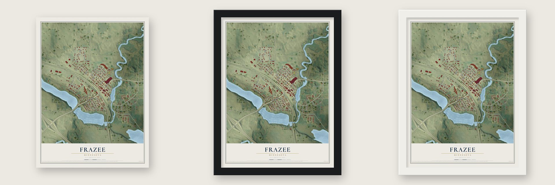 Frazee, Minnesota map unframed, in a black wood frame and in a white wood frame