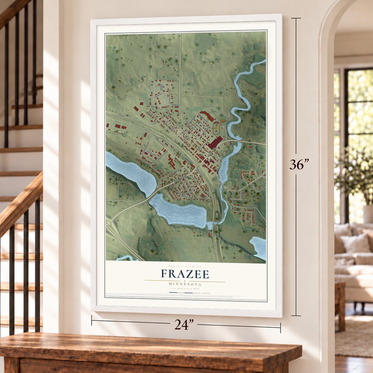 Frazee, Minnesota map, 24 x 36 inch print in a white frame by a staircase