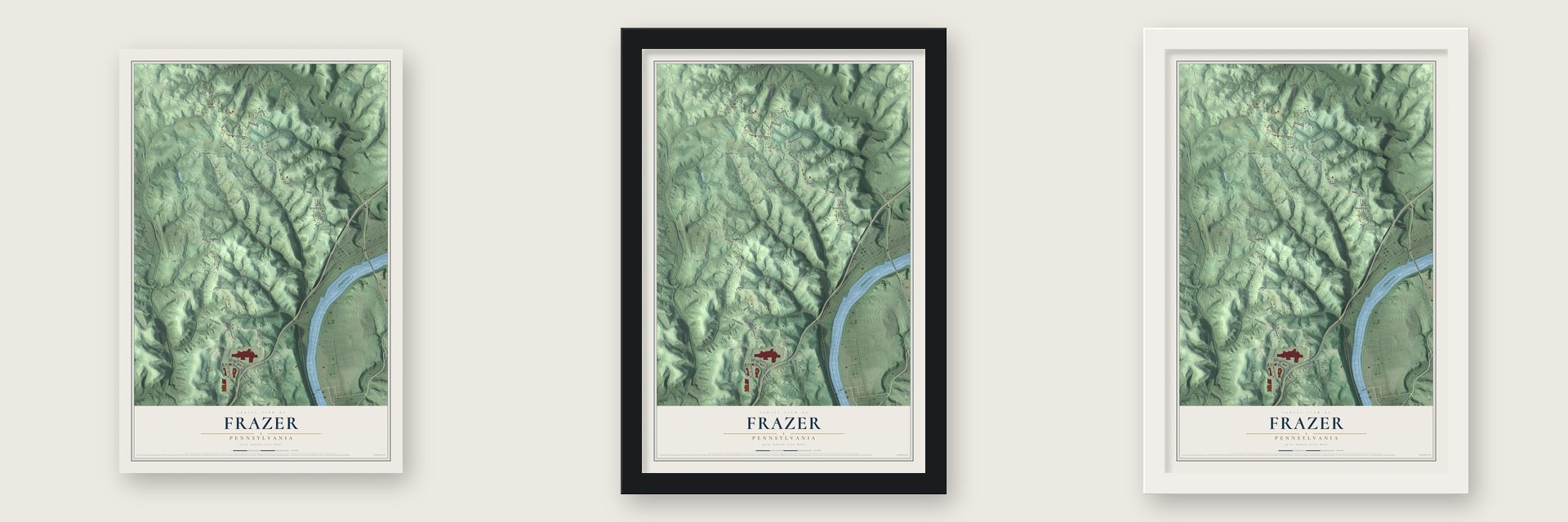 Frazer, Pennsylvania map unframed, in a black wood frame and in a white wood frame