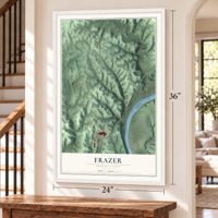 Frazer, Pennsylvania map, 24 x 36 inch print in a white frame by a staircase