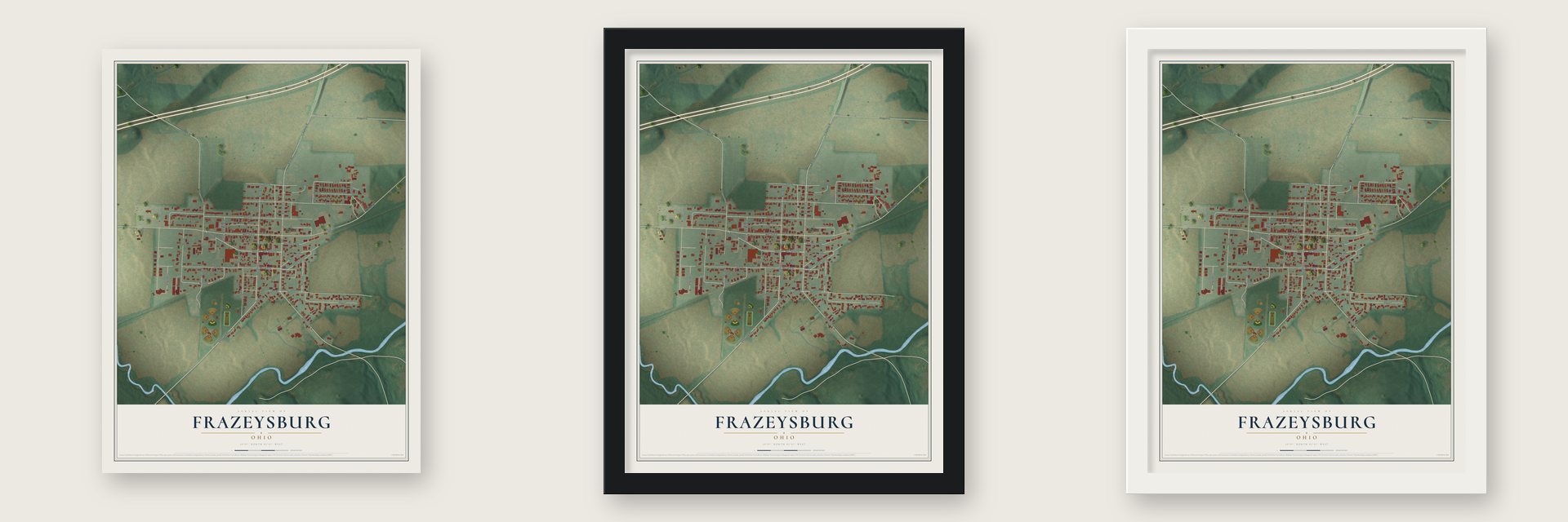 Frazeysburg, Ohio map unframed, in a black wood frame and in a white wood frame