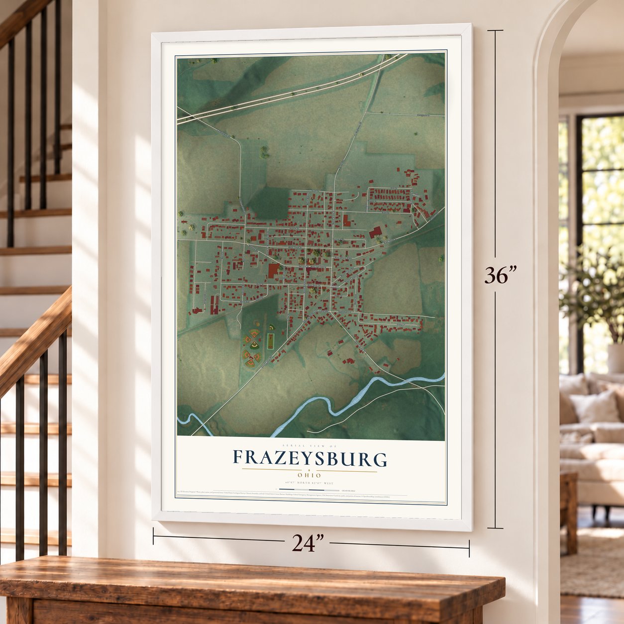 Frazeysburg, Ohio map, 24 x 36 inch print in a white frame by a staircase