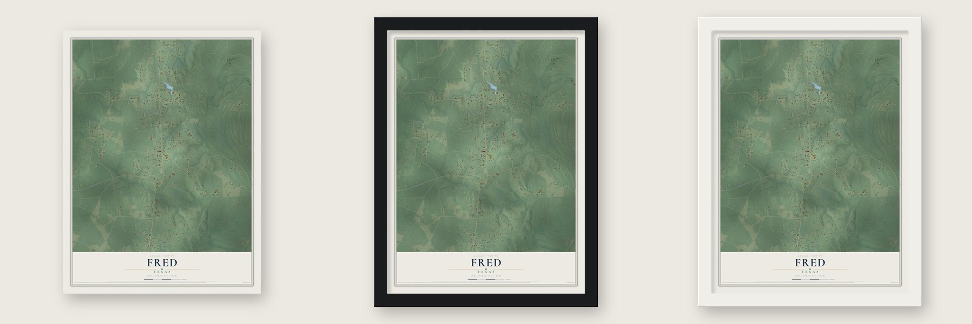 Fred, Texas map unframed, in a black wood frame and in a white wood frame