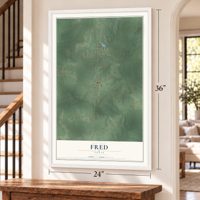Fred, Texas map, 24 x 36 inch print in a white frame by a staircase