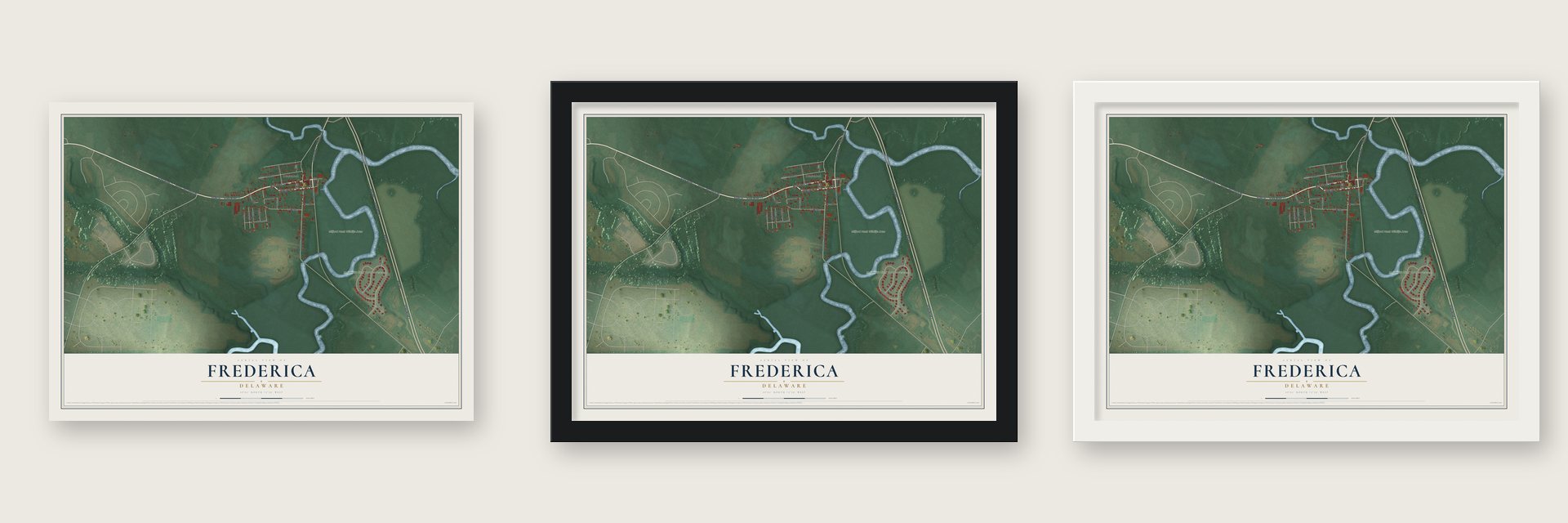 Frederica, Delaware map unframed, in a black wood frame and in a white wood frame