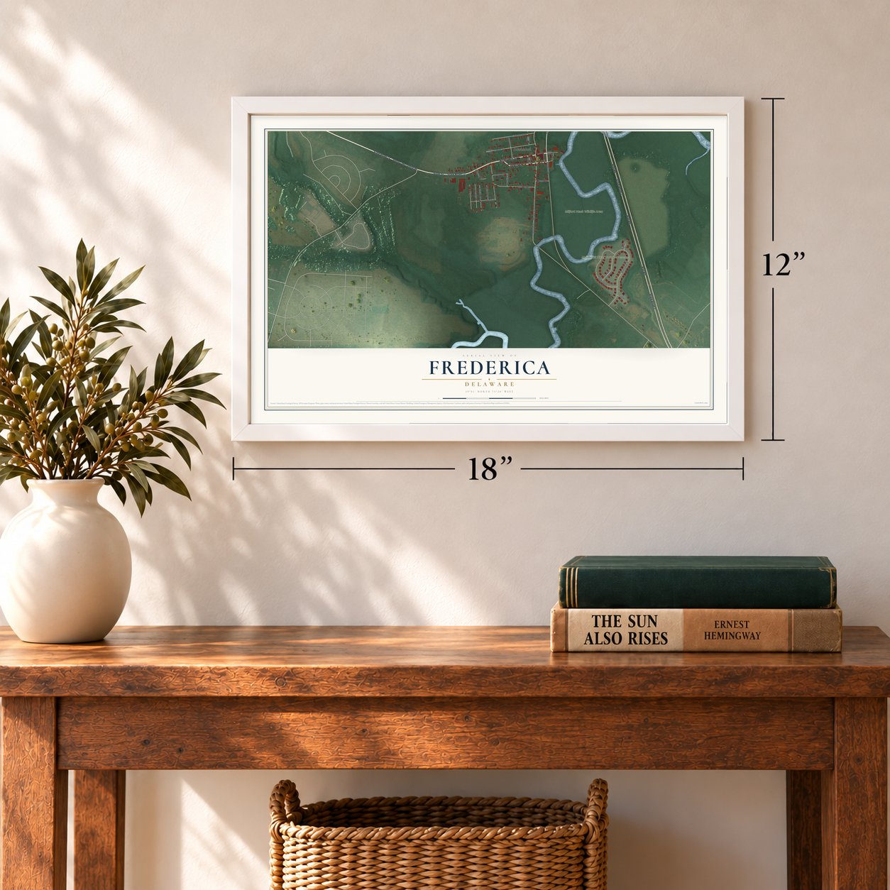 Frederica, Delaware map, 12 x 18 inch print in a white frame in an entryway