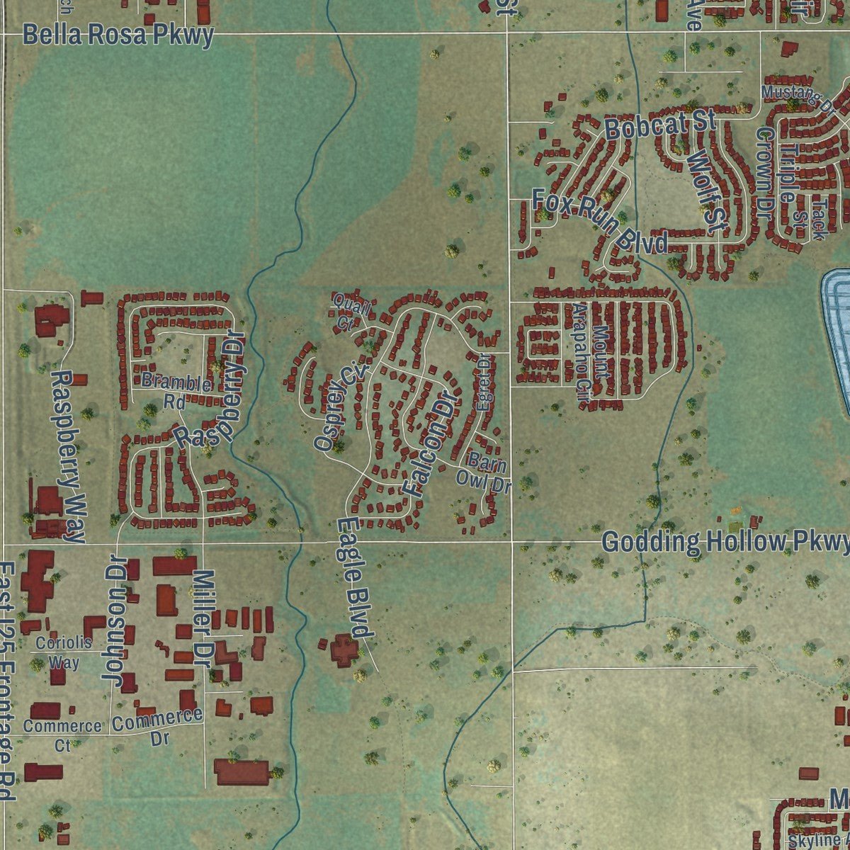 Second close-up of the map of Frederick, Colorado print showing more streets and buildings