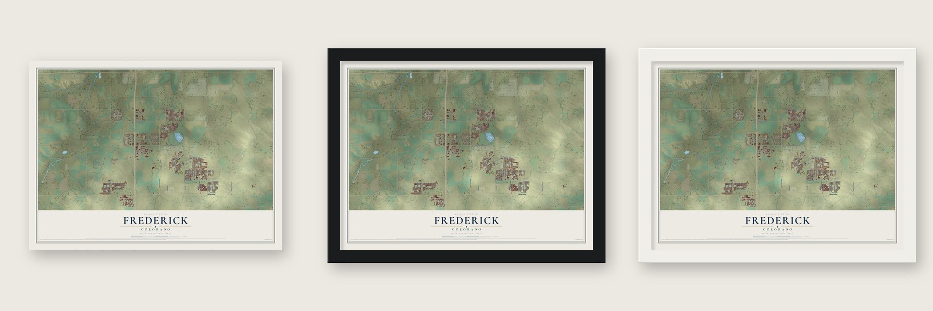 Frederick, Colorado map unframed, in a black wood frame and in a white wood frame