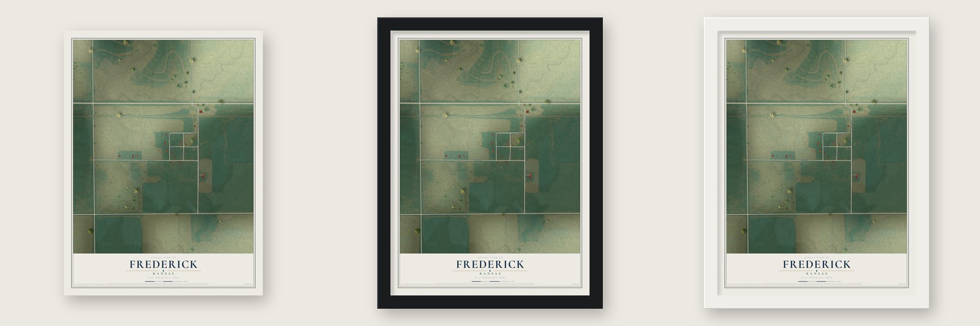 Frederick, Kansas map unframed, in a black wood frame and in a white wood frame