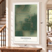 Frederick, Kansas map, 24 x 36 inch print in a white frame by a staircase