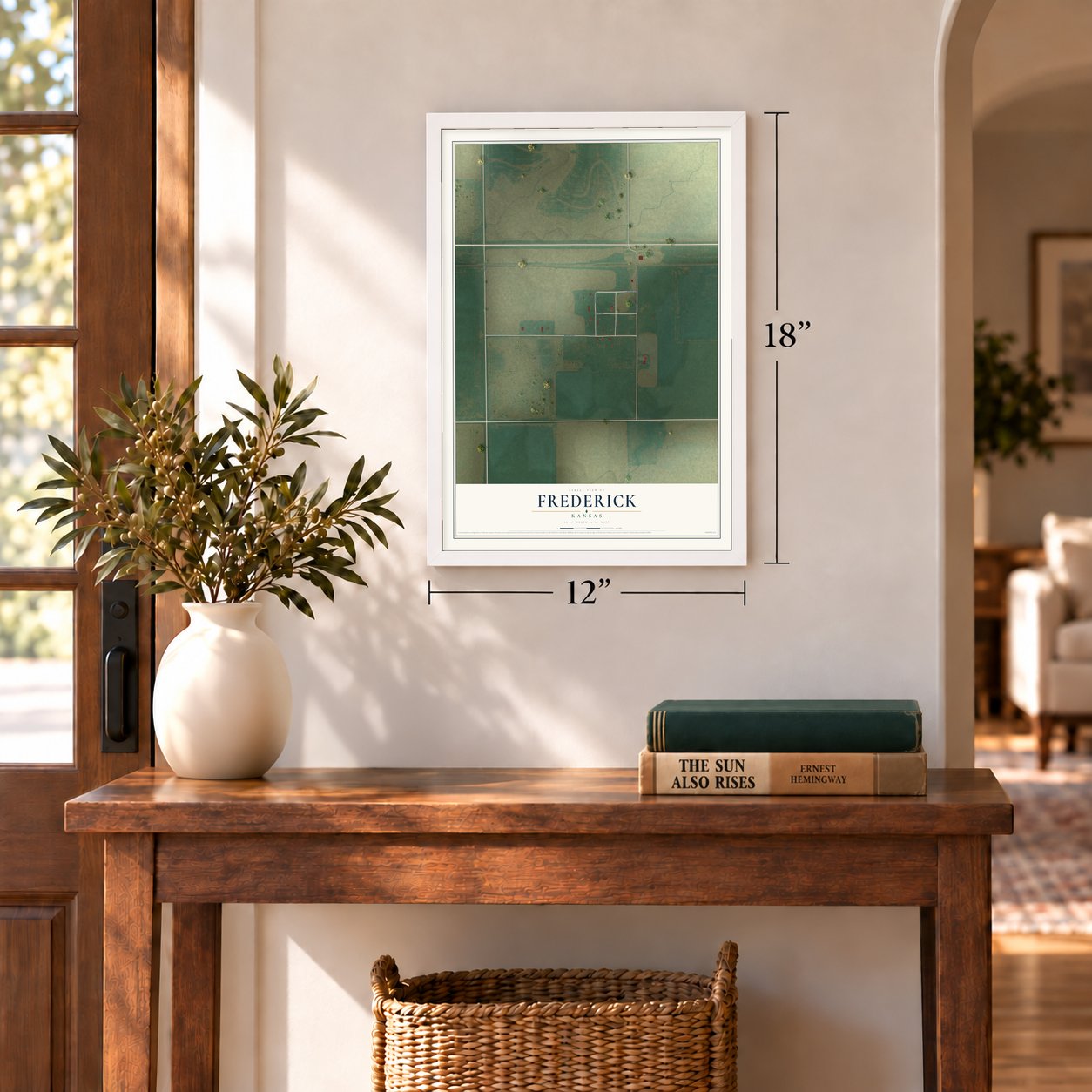 Frederick, Kansas map, 12 x 18 inch print in a white frame in an entryway