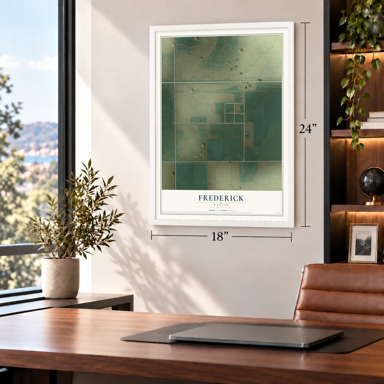 Frederick, Kansas map, 18 x 24 inch print in a white frame in a home office