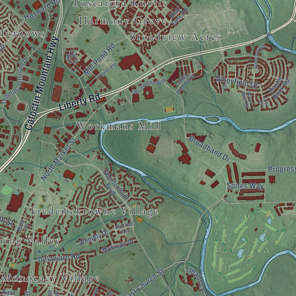 Second close-up of the map of Frederick, Maryland print showing more streets and buildings
