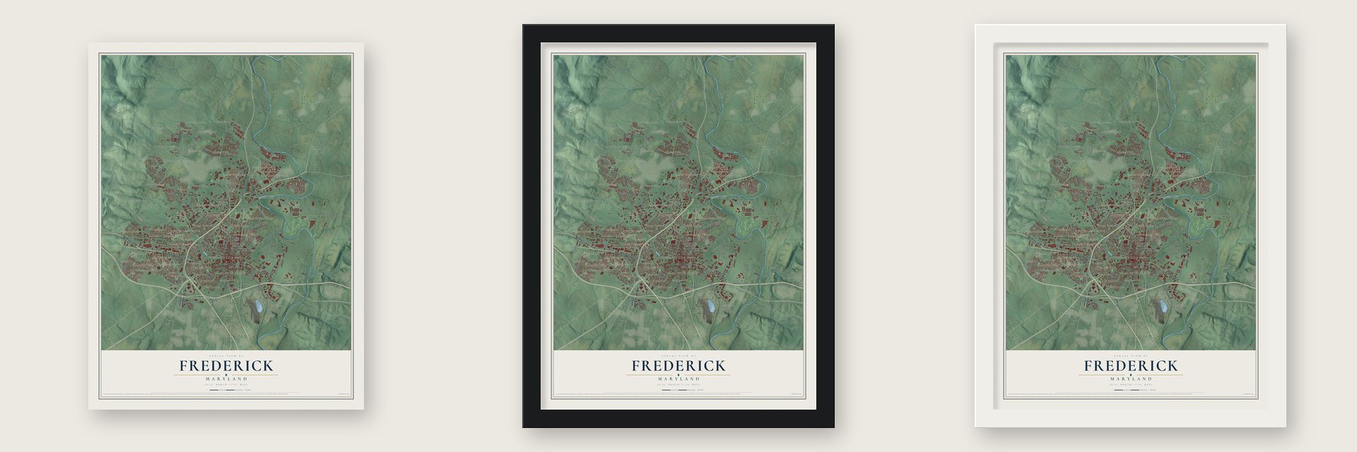 Frederick, Maryland map unframed, in a black wood frame and in a white wood frame