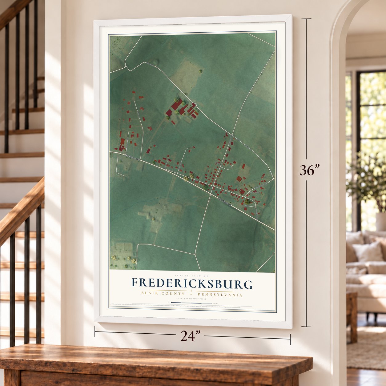 Fredericksburg, Blair County, Pennsylvania map, 24 x 36 inch print in a white frame by a staircase