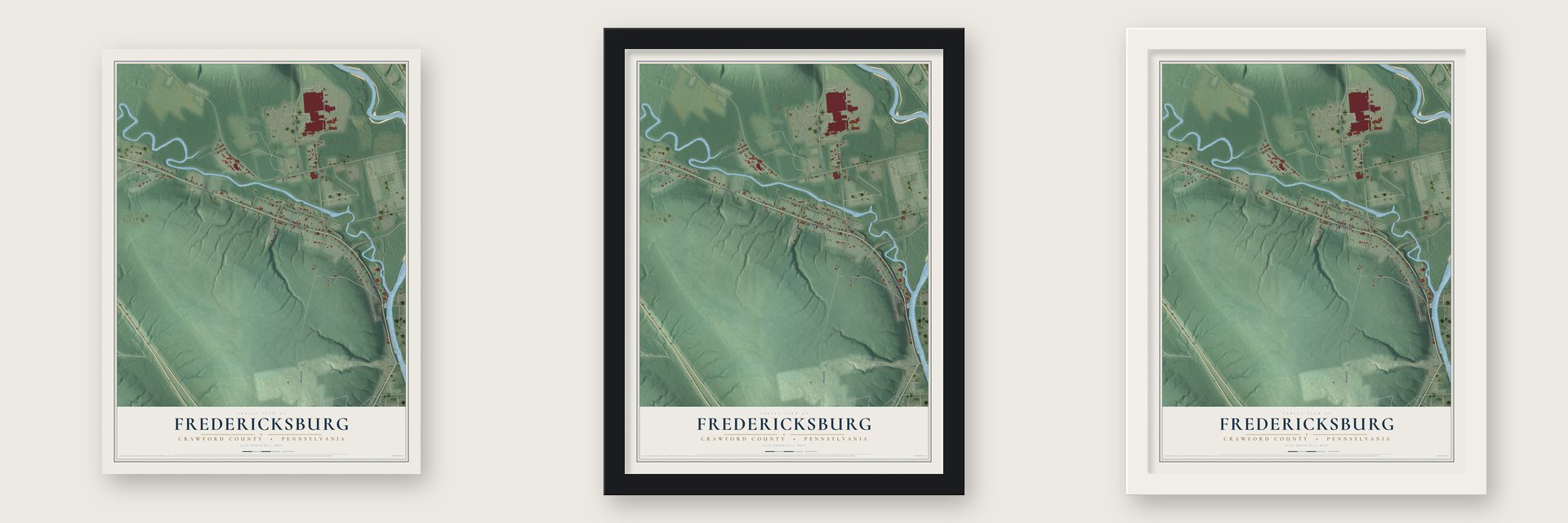 Fredericksburg, Crawford County, Pennsylvania map unframed, in a black wood frame and in a white wood frame