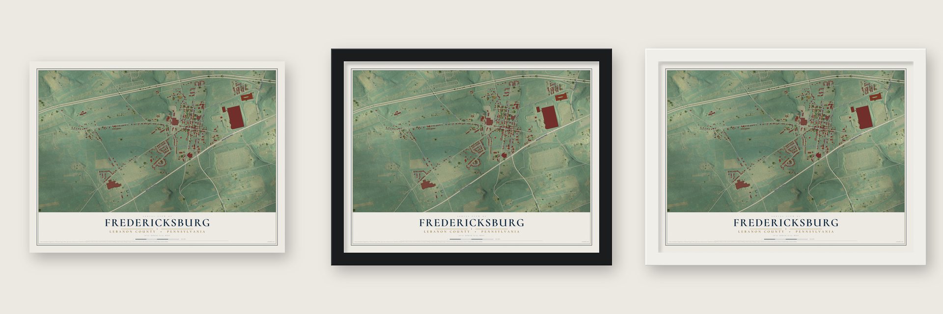 Fredericksburg, Lebanon County, Pennsylvania map unframed, in a black wood frame and in a white wood frame