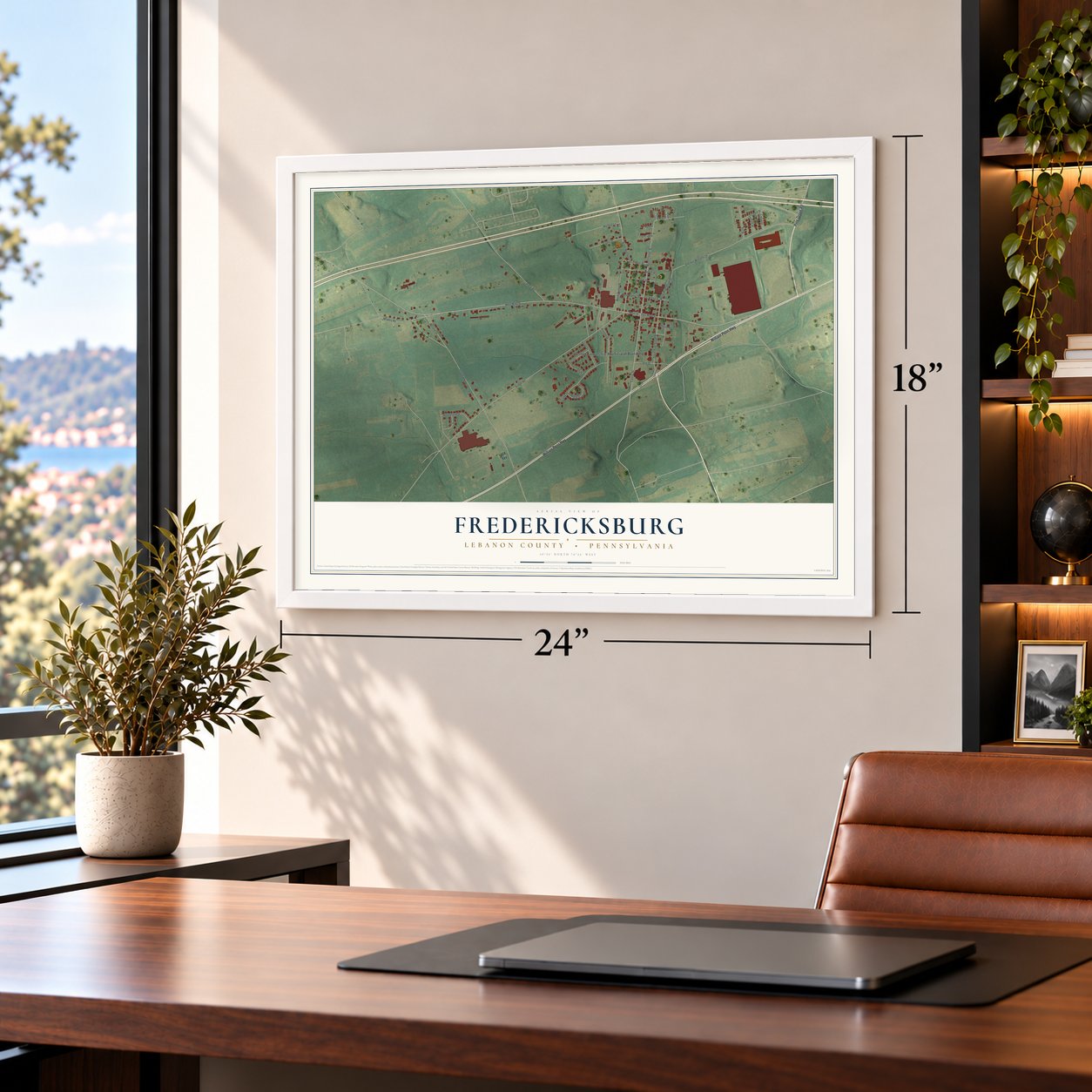 Fredericksburg, Lebanon County, Pennsylvania map, 18 x 24 inch print in a white frame in a home office