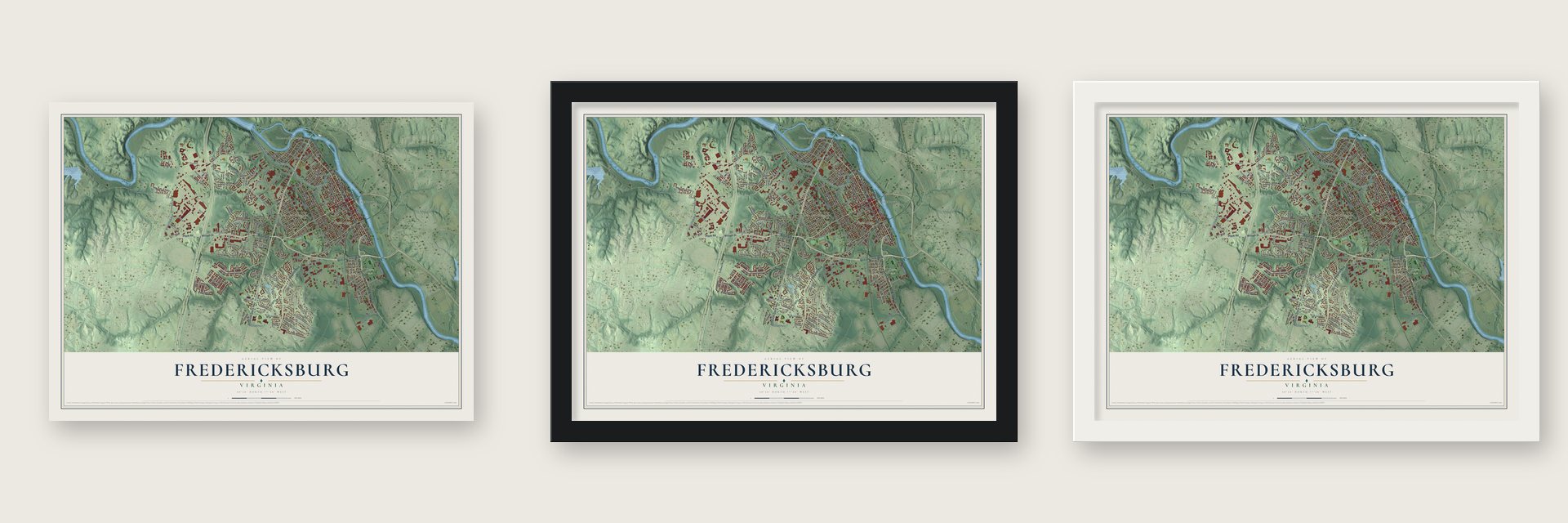 Fredericksburg, Virginia map unframed, in a black wood frame and in a white wood frame