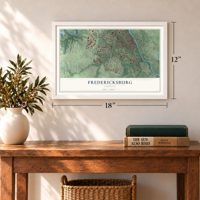 Fredericksburg, Virginia map, 12 x 18 inch print in a white frame in an entryway