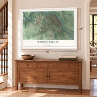 Fredericksburg, Virginia map, 24 x 36 inch print in a white frame above a dresser by a staircase