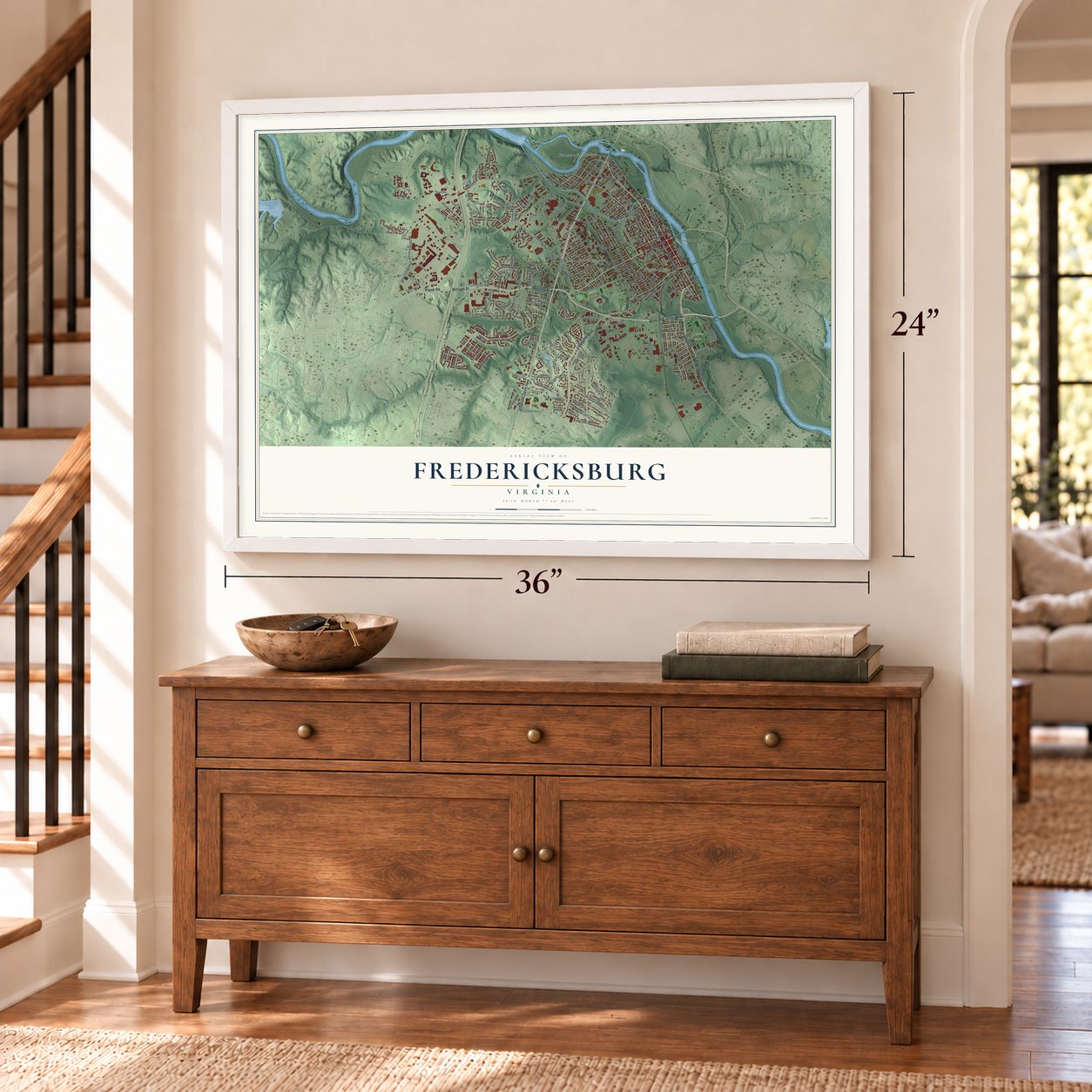 Fredericksburg, Virginia map, 24 x 36 inch print in a white frame above a dresser by a staircase
