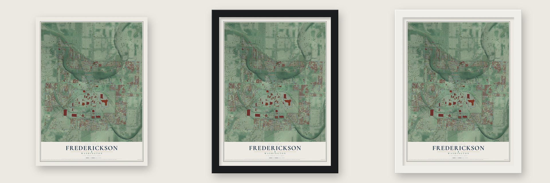 Frederickson, Washington map unframed, in a black wood frame and in a white wood frame