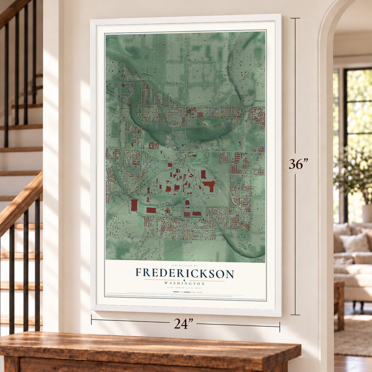 Frederickson, Washington map, 24 x 36 inch print in a white frame by a staircase