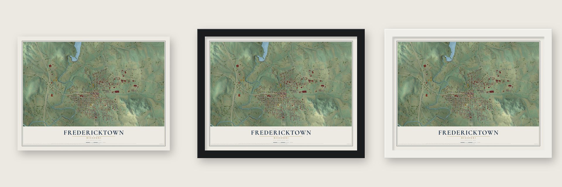 Fredericktown, Missouri map unframed, in a black wood frame and in a white wood frame