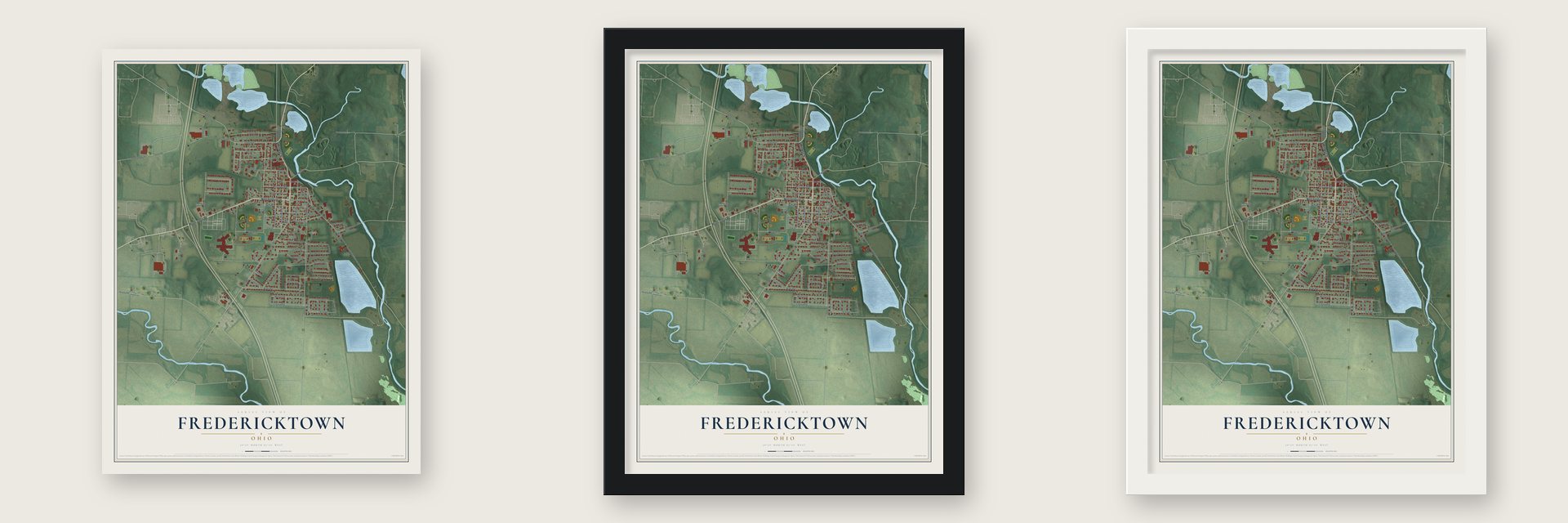 Fredericktown, Ohio map unframed, in a black wood frame and in a white wood frame