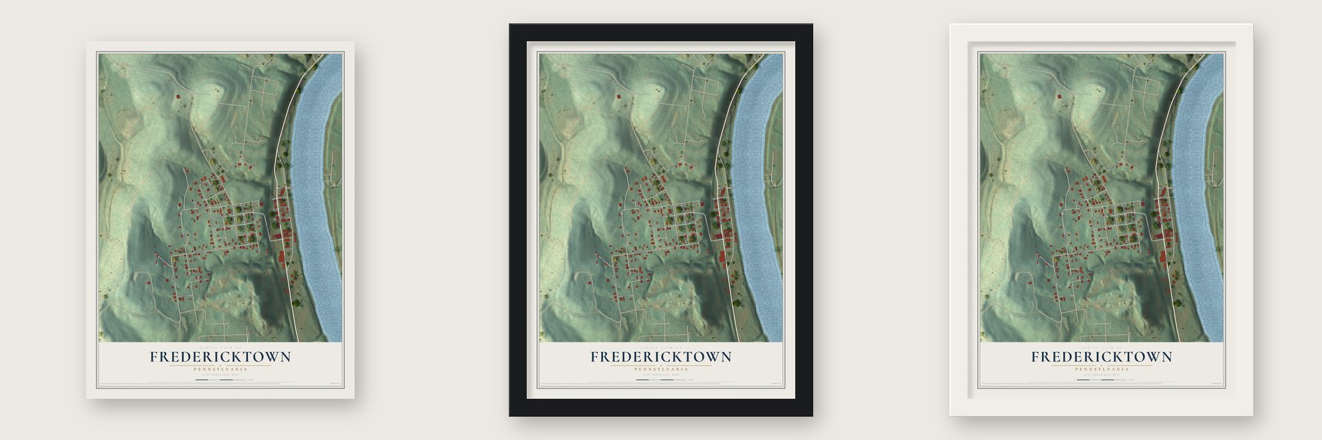 Fredericktown, Pennsylvania map unframed, in a black wood frame and in a white wood frame