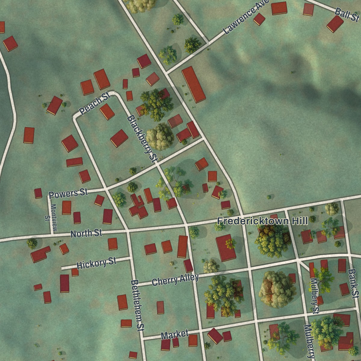 Second close-up of the map of Fredericktown, Pennsylvania print showing more streets and buildings