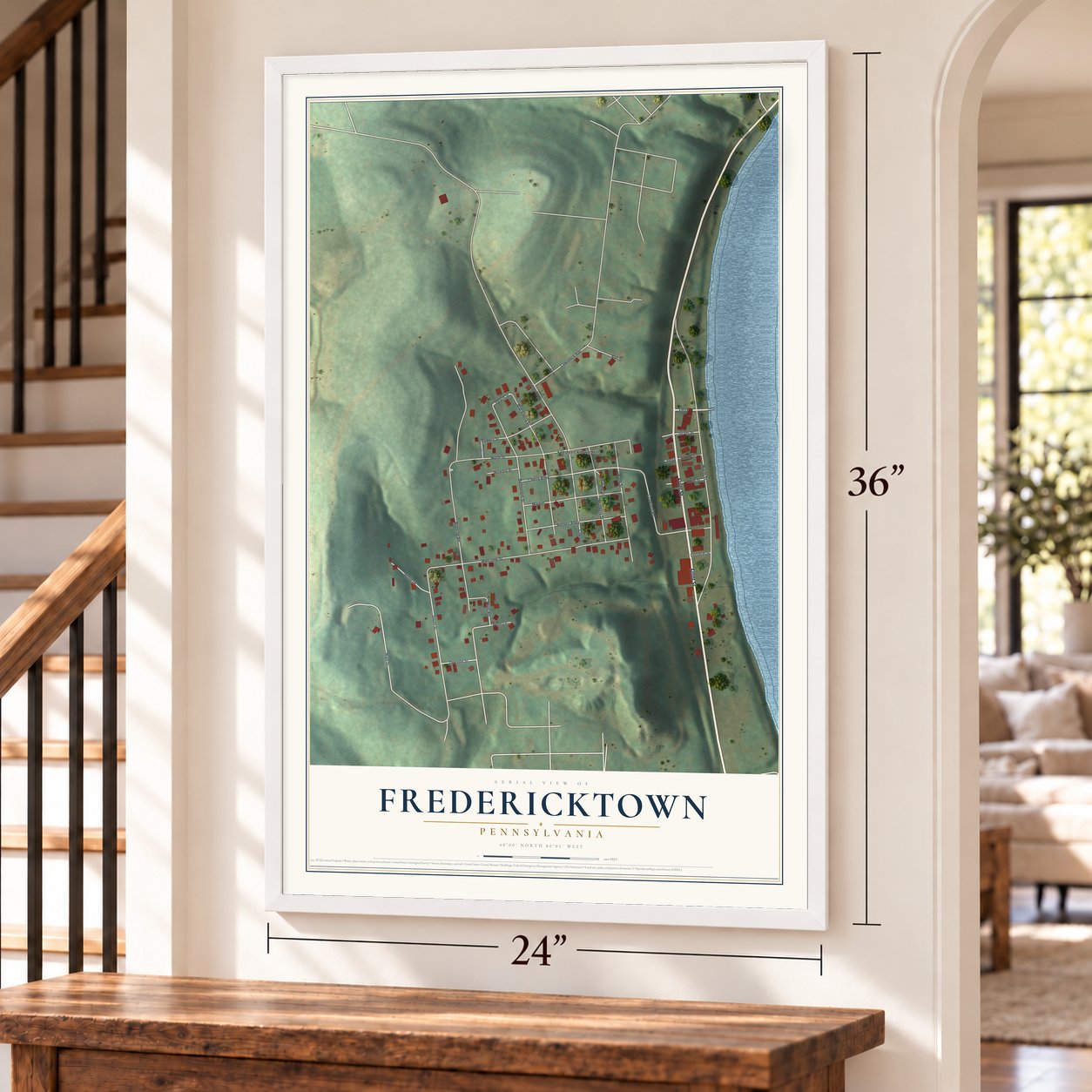 Fredericktown, Pennsylvania map, 24 x 36 inch print in a white frame by a staircase