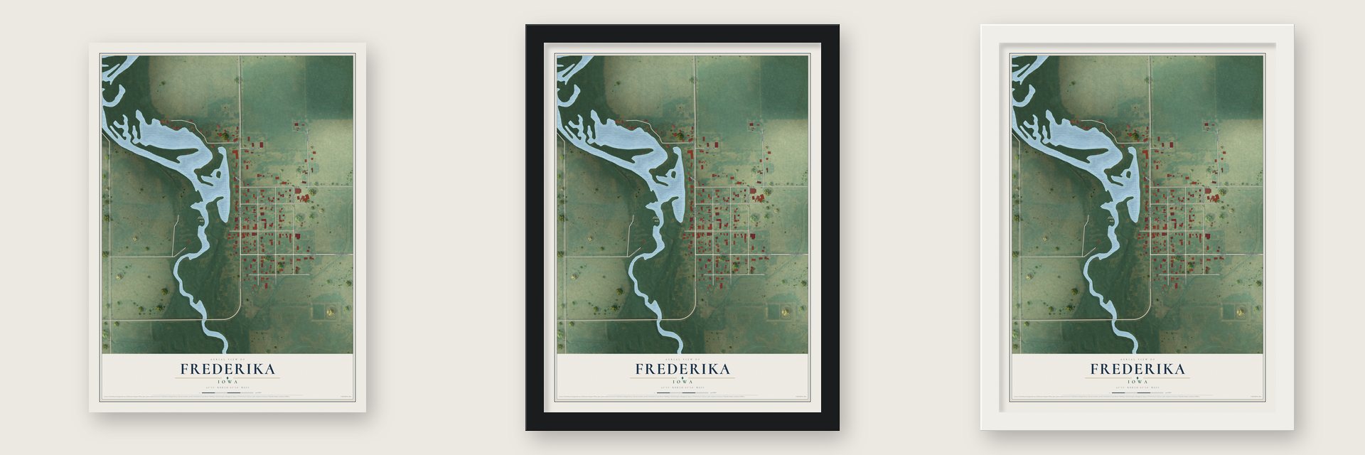 Frederika, Iowa map unframed, in a black wood frame and in a white wood frame