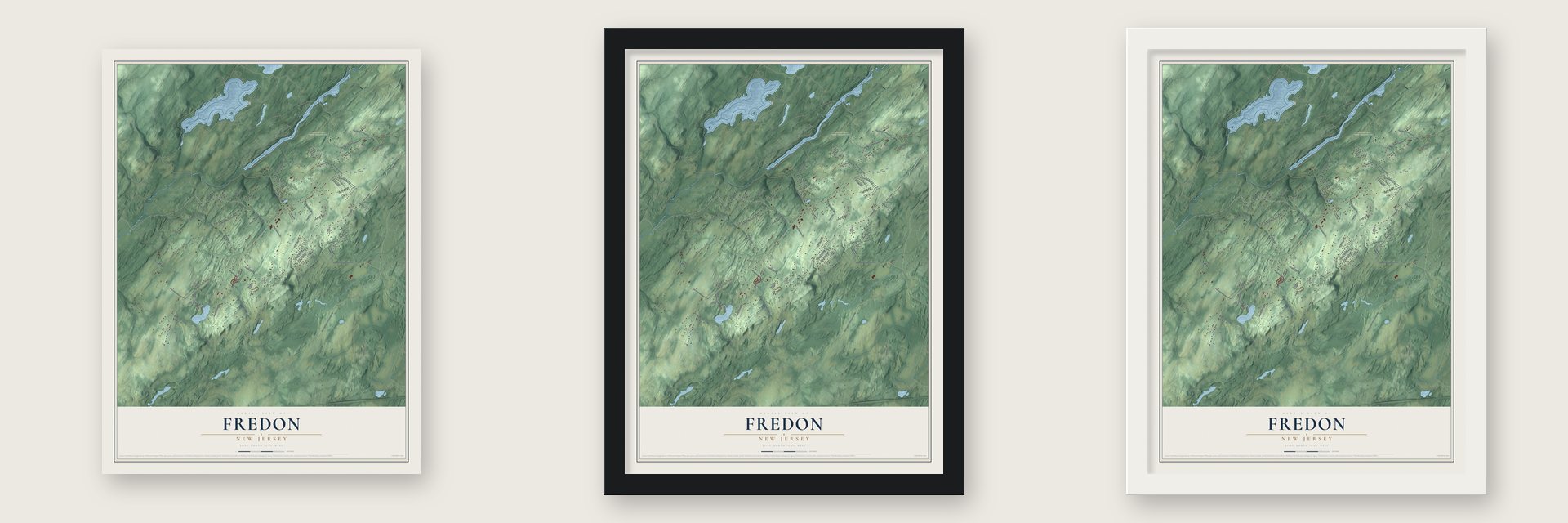Fredon, New Jersey map unframed, in a black wood frame and in a white wood frame